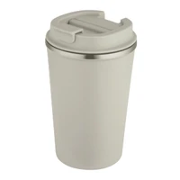 A drink bottle in a light grey colour with a stainless steel base and a secure lid. It features a logo.