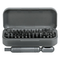 A grey 55 in 1 pocket screwdriver tool set with various screwdriver bits inside a matching case.