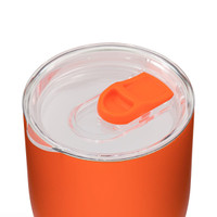 An orange drink bottle with a clear lid featuring a slider opening, suitable for various beverages.