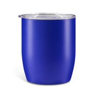 A purple coffee cup with a clear lid and a smooth finish, featuring a branding logo.