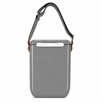 A grey cooler with a strap for easy carrying, featuring a simple, sleek design and a logo.
