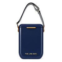A navy cooler bag with a shoulder strap and a logo on the front. It has a sleek, rectangular design.