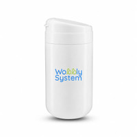 A white reusable coffee cup with a sealed lid and a logo on the front.
