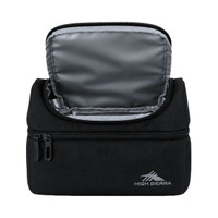 A black insulated lunch bag with a zippered opening and grey interior, featuring a logo on the front.
