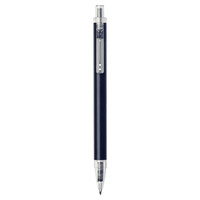 A ballpoint pen in navy blue with a silver clip and tip, featuring a sleek design and branding.