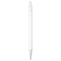 A ballpoint pen made of recycled aluminium, featuring a transparent barrel and a silver tip, with a logo.