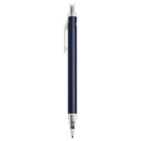 A navy blue recycled aluminium ballpoint pen with a clear grip and clip, featuring a logo on the barrel.