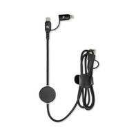 A black charging cable with a round connector and a clip for organisation. It has a sleek, modern design.