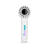 A rechargeable fan in white with a round head and a logo on the handle.