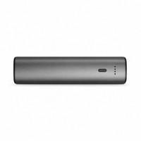 A sleek, rectangular grey power bank featuring a status indicator and a logo.
