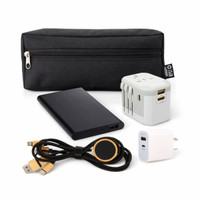 A black zippered pouch contains a portable charger, travel adapter, charging cable, and a wireless charger.