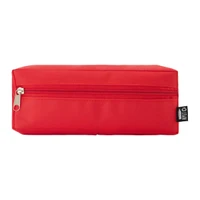 A red utility case with a zip closure and a branding label on the side.
