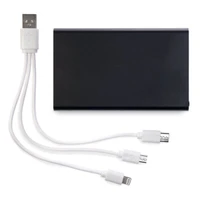 A black portable power bank with a white multi-connector cable featuring USB and Lightning ends.