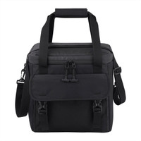 A black cooler bag with a spacious main compartment and adjustable shoulder strap, featuring a front pocket and branding.
