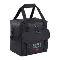A black cooler bag with a handle and shoulder straps, featuring a logo on the front. Suitable for 24 cans.