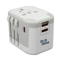A white travel adapter with multiple plug types and USB ports. It features a logo on one side.