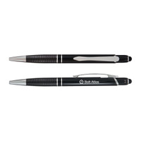 Two black pens with chrome accents, featuring textured grips and one with a logo.