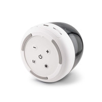 A round Dazzle RGB Speaker in white and black, featuring control buttons and a logo.