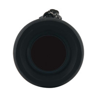 A Bluetooth speaker with a sleek, black design featuring a cylindrical shape and a removable strap for easy carrying.