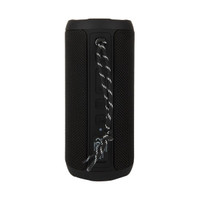 A black Bluetooth speaker with a textured surface and a hanging strap, featuring buttons and a logo.