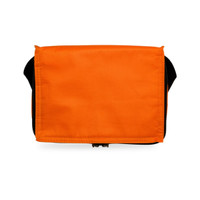 An orange zippered bag featuring a solid front design, suitable for carrying various items.