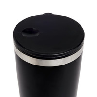 A reusable coffee cup featuring a sleek black design with a metallic band around the center and a secure lid.