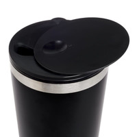 A reusable coffee cup featuring a sleek black design with a stainless steel band and a spill-resistant lid.