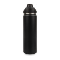 A drink bottle made of stainless steel, featuring a matte black finish and a screw-on lid with a logo.