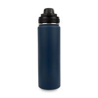 A drink bottle in dark navy blue stainless steel with a black lid and a logo on the side.