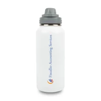 A drink bottle with a white finish, featuring a grey lid and a logo. Suitable for various beverages.