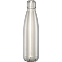 A drink bottle in a sleek stainless steel finish with a rounded design and a logo on the surface.