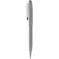 A metal ballpoint pen in silver with a sleek design and a clip. It features branding on the surface.