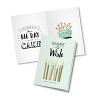 A decorative birthday card with a mint green front featuring candles and a cake illustration, opened to reveal celebratory text.