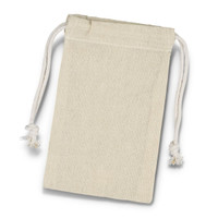 A small, cream cotton gift bag with drawstring ends and decorative tassels. It features a simple design and natural texture.