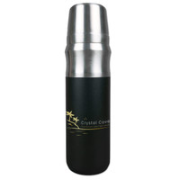 A drink bottle with a sleek black exterior and a silver metal top, featuring a logo design.