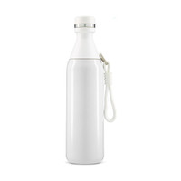 A drink bottle in white with a silver cap and a strap. It features a simple, sleek design and a logo.