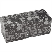 A black box with a pattern of various music and audio equipment illustrations, featuring a logo.