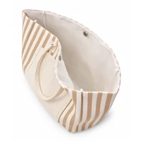 A tan and cream striped tote bag with an inner lining and two handles. It has a snap closure.