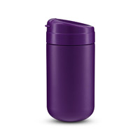 A purple coffee cup with a secure lid and a smooth finish. It features a logo on the surface.