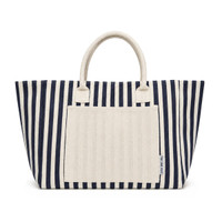A navy and cream striped tote bag with two sturdy handles and a front pocket. It features a branding logo.