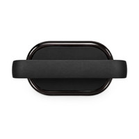 A black Bluetooth speaker with a sleek oval shape and a textured surface, featuring a logo on the side.