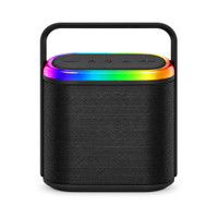 A black Bluetooth speaker with an LED light strip on top, featuring control buttons for playback and volume.
