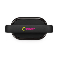 A black Bluetooth speaker with a curved design and a prominent logo.