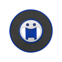 A drink bottle opener in blue and grey, featuring a magnetic phone stand and a smiling face design.