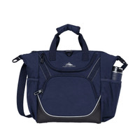 A navy cooler bag with multiple compartments, handles, a shoulder strap, and a drink bottle holder. It features a logo.