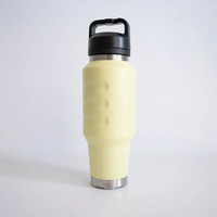 Front view of a pale yellow insulated 1L water bottle featuring a textured grip, stainless steel base accents, and an integrated carry-handle lid.