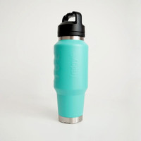 Front angled view of a turquoise insulated 1L water bottle featuring ergonomic finger-grip contours, a stainless steel base, and a carry-handle lid.