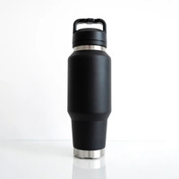 Front view of a matte black insulated 1L water bottle with a sleek tapered design, stainless steel base accents, and a carry-handle lid.