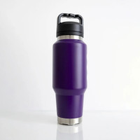 Front view of a deep purple insulated 1L water bottle with a sleek tapered design, stainless steel base accents, and a carry-handle lid.