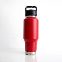 Front view of a red insulated 1L water bottle featuring a sleek tapered design, stainless steel base accents, and an integrated carry-handle lid.